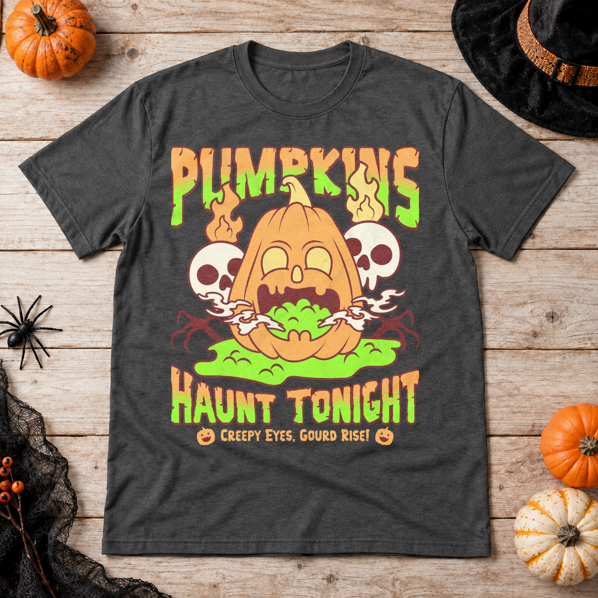 Pumpkins Haunt Tonight Spooky Halloween T-Shirt – Halloween Streetwear Graphic Graphic Tee - Color: dark heather