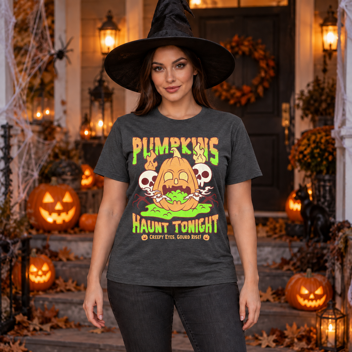 Pumpkins Haunt Tonight Spooky Halloween T-Shirt – Halloween Streetwear Graphic Graphic Tee - Color: dark heather