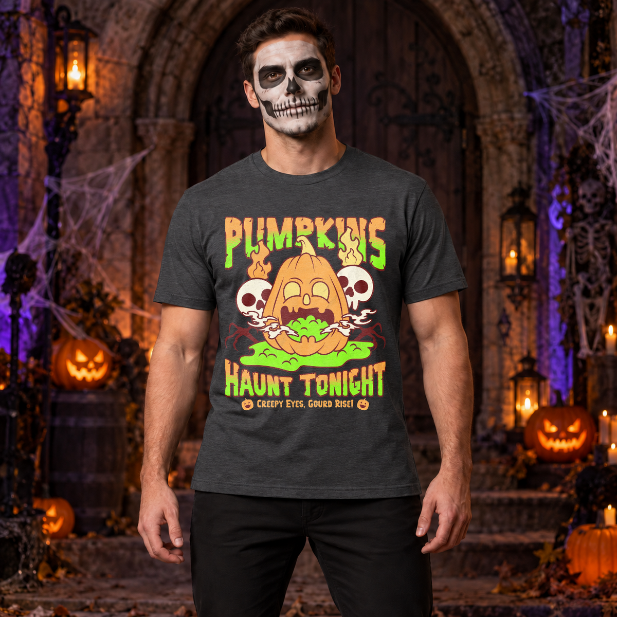 Pumpkins Haunt Tonight Spooky Halloween T-Shirt – Halloween Streetwear Graphic Graphic Tee - Color: dark heather