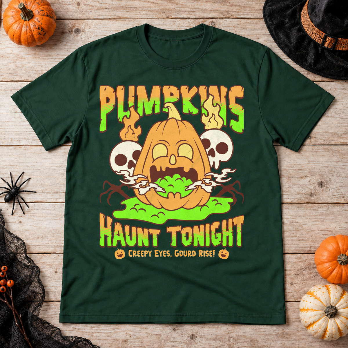 Pumpkins Haunt Tonight Spooky Halloween T-Shirt – Halloween Streetwear Graphic Graphic Tee - Color: forest green