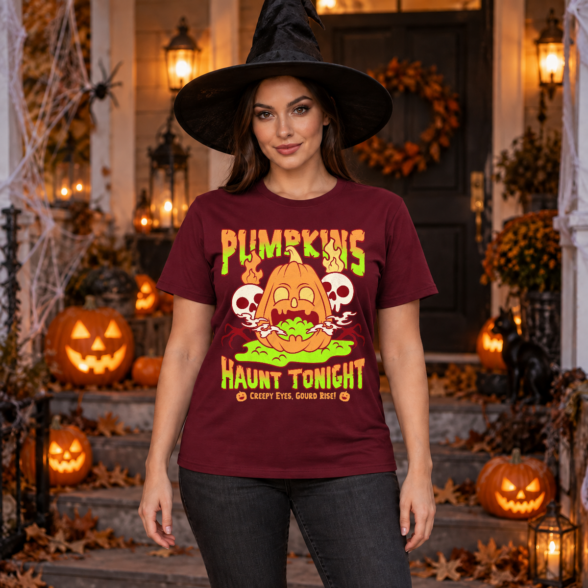 Pumpkins Haunt Tonight Spooky Halloween T-Shirt – Halloween Streetwear Graphic Graphic Tee - Color: maroon