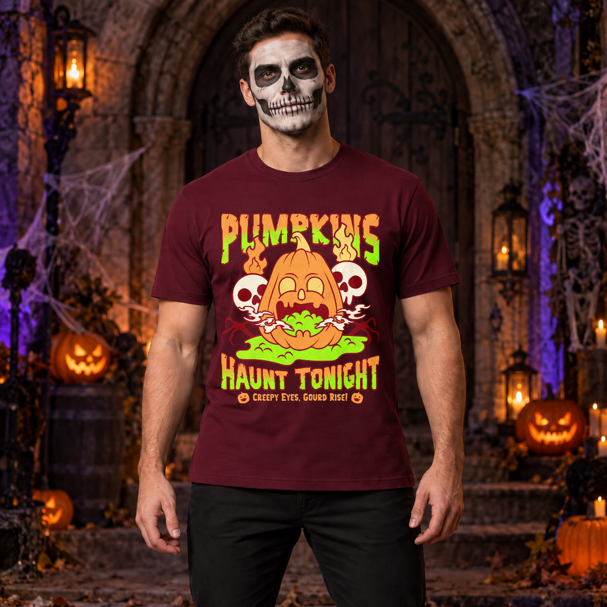 Pumpkins Haunt Tonight Spooky Halloween T-Shirt – Halloween Streetwear Graphic Graphic Tee - Color: maroon