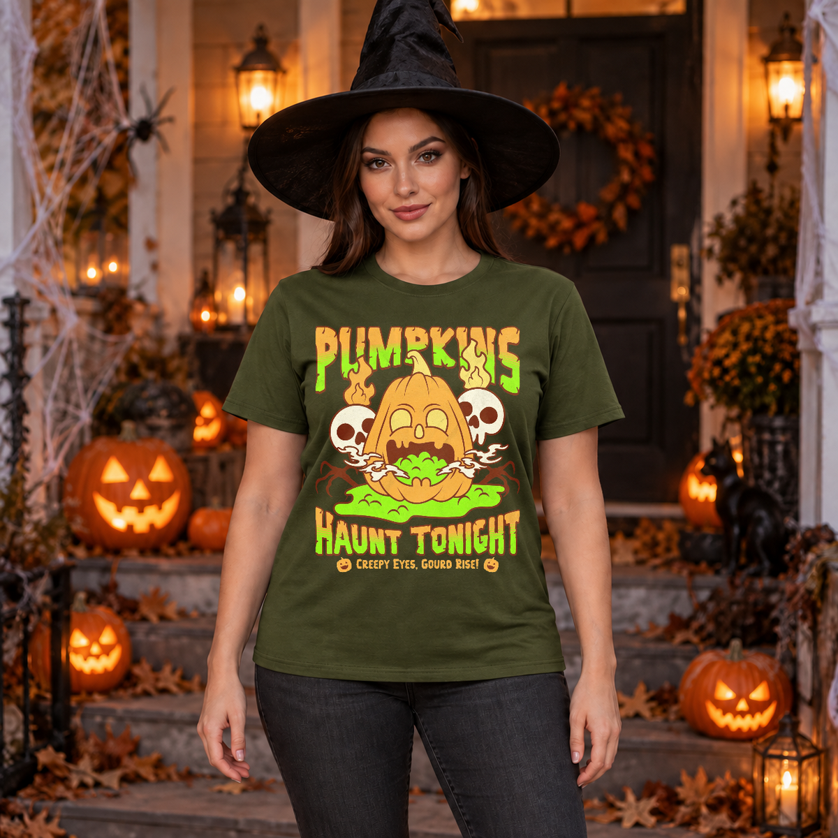 Pumpkins Haunt Tonight Spooky Halloween T-Shirt – Halloween Streetwear Graphic Graphic Tee - Color: military green