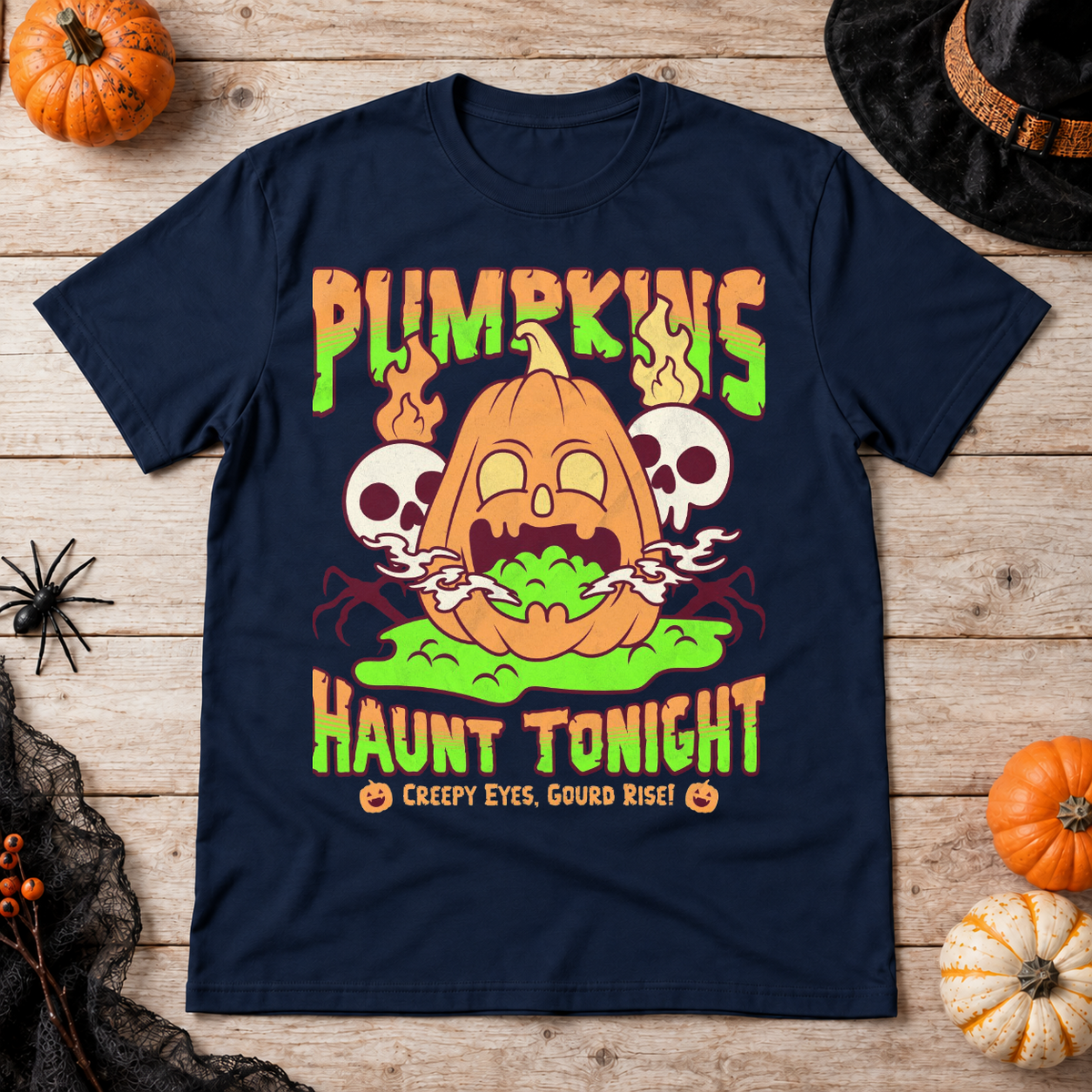 Pumpkins Haunt Tonight Spooky Halloween T-Shirt – Halloween Streetwear Graphic Graphic Tee - Color: navy