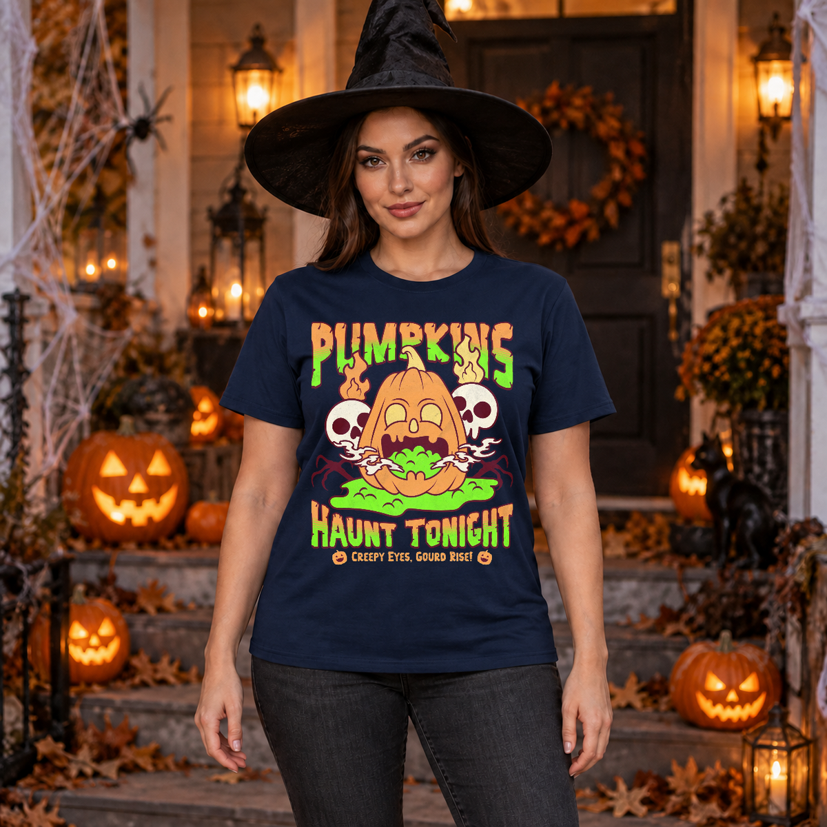 Pumpkins Haunt Tonight Spooky Halloween T-Shirt – Halloween Streetwear Graphic Graphic Tee - Color: navy