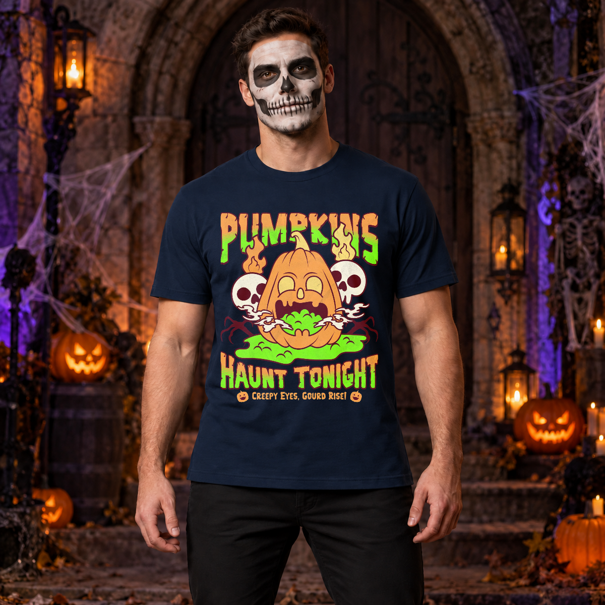 Pumpkins Haunt Tonight Spooky Halloween T-Shirt – Halloween Streetwear Graphic Graphic Tee - Color: navy