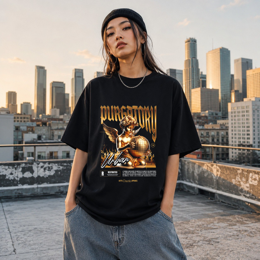 Purgatory Cherub Globe T-Shirt – Religious Imagery Collage Graphic Tee - Color: Black