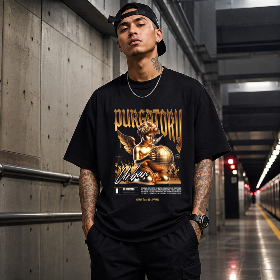 Purgatory Cherub Globe T-Shirt – Religious Imagery Collage Graphic Tee - Color: Black
