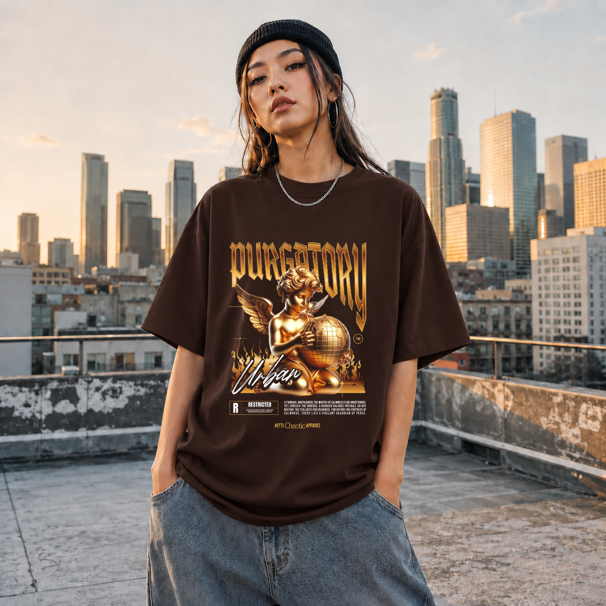 Purgatory Cherub Globe T-Shirt – Religious Imagery Collage Graphic Tee - Color: Dark Chocolate