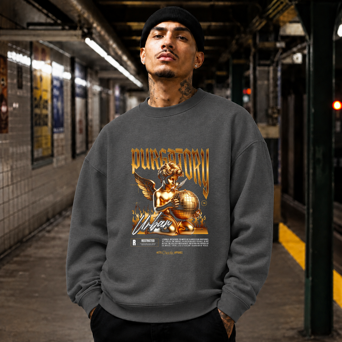 Purgatory Cherub Globe T-Shirt – Religious Imagery Collage Graphic Tee - Color: dark heather