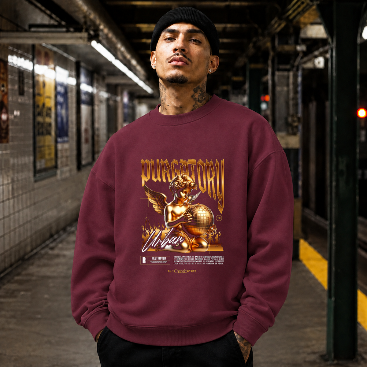 Purgatory Cherub Globe T-Shirt – Religious Imagery Collage Graphic Tee - Color: maroon