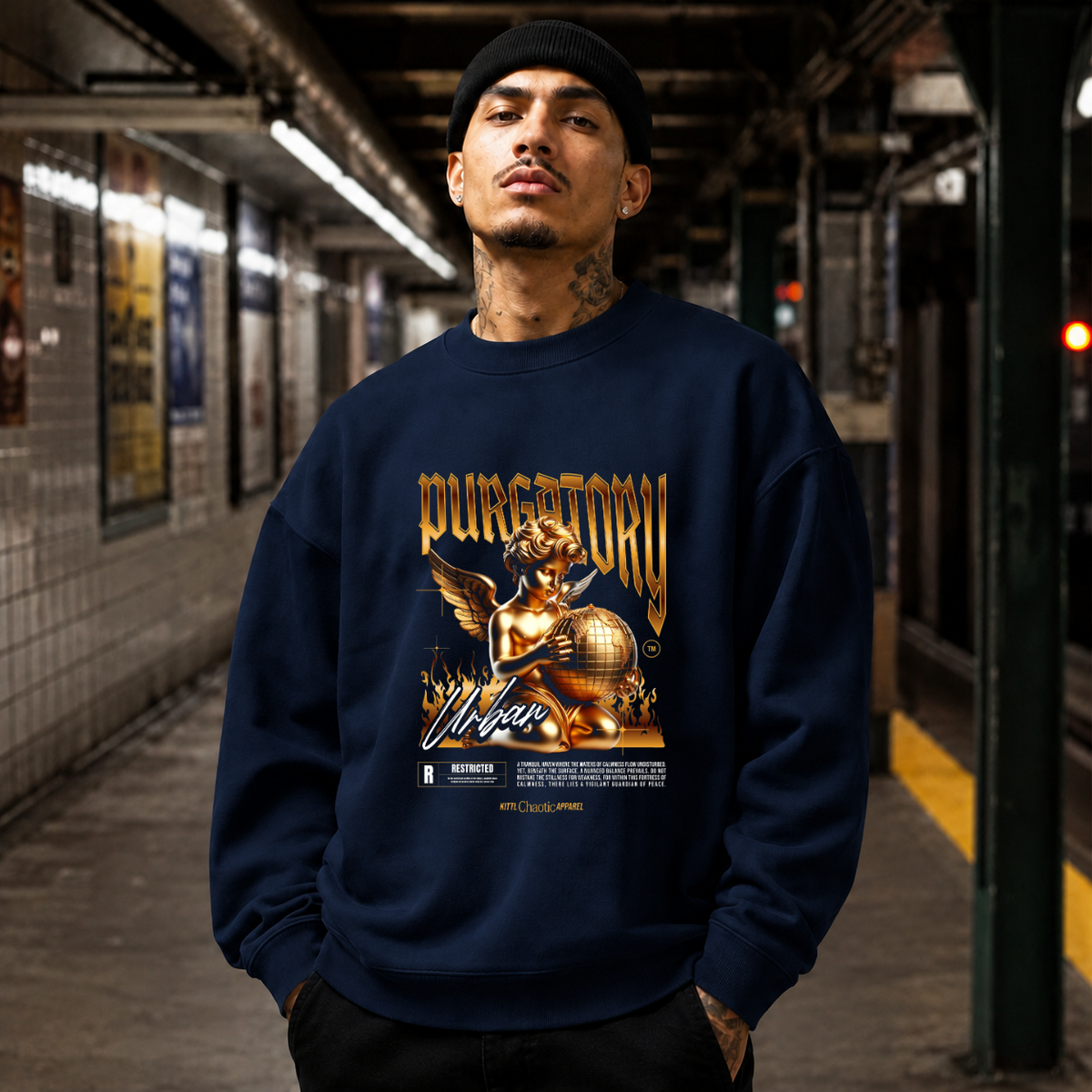 Purgatory Cherub Globe T-Shirt – Religious Imagery Collage Graphic Tee - Color: navy