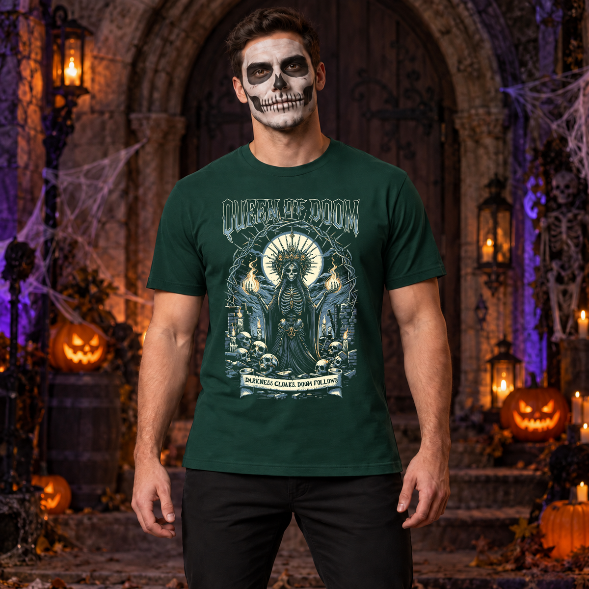 Queen of Doom T-Shirt – Skull & Reaper Gothic Graphic Graphic Tee - Color: forest green