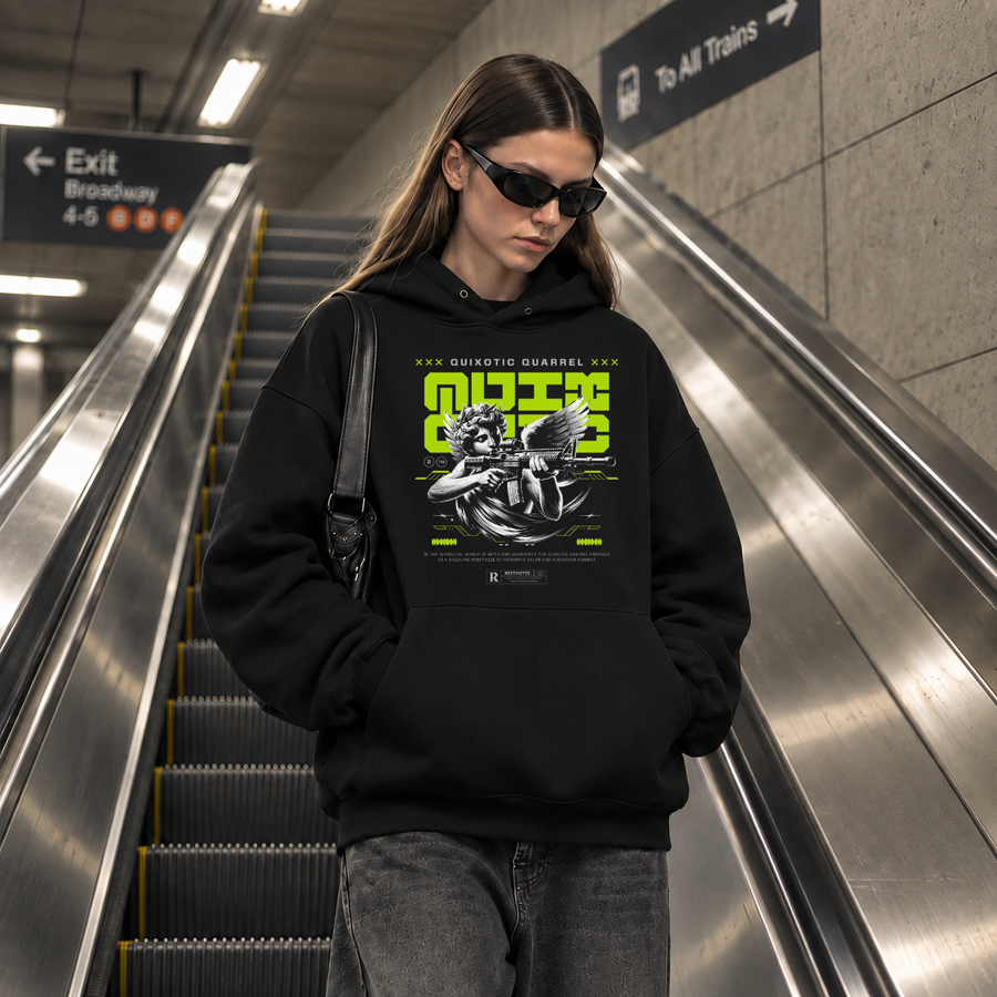 Quixotic Quarrel Cherub Gun Hoodie – Vintage Y2K / Acid Graphic Streetwear Hoodie - Color: black