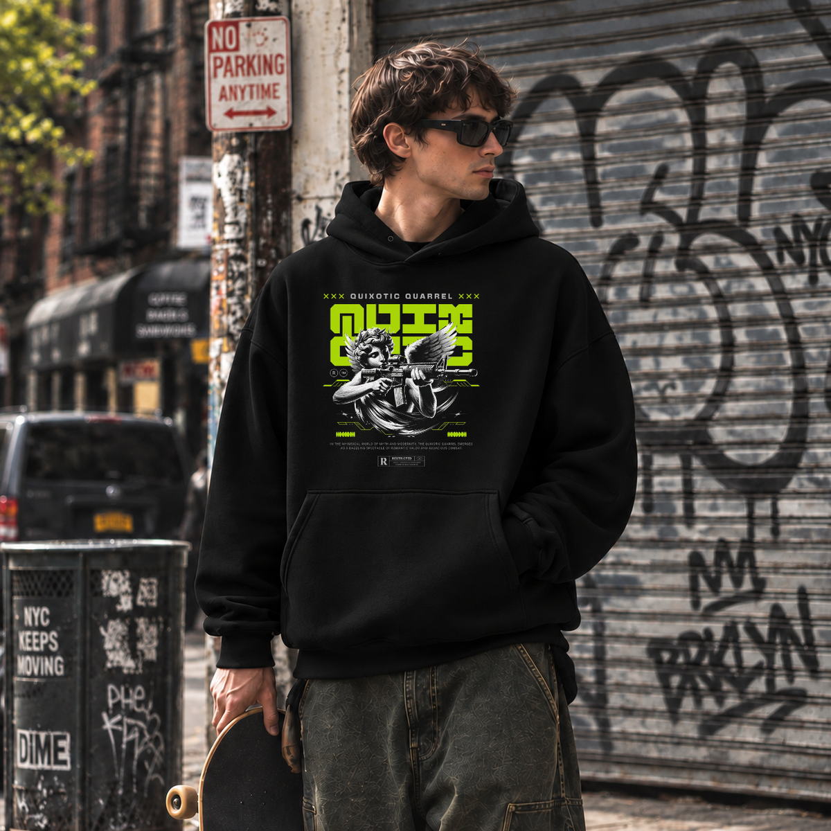 Quixotic Quarrel Cherub Gun Hoodie – Vintage Y2K / Acid Graphic Streetwear Hoodie - Color: black
