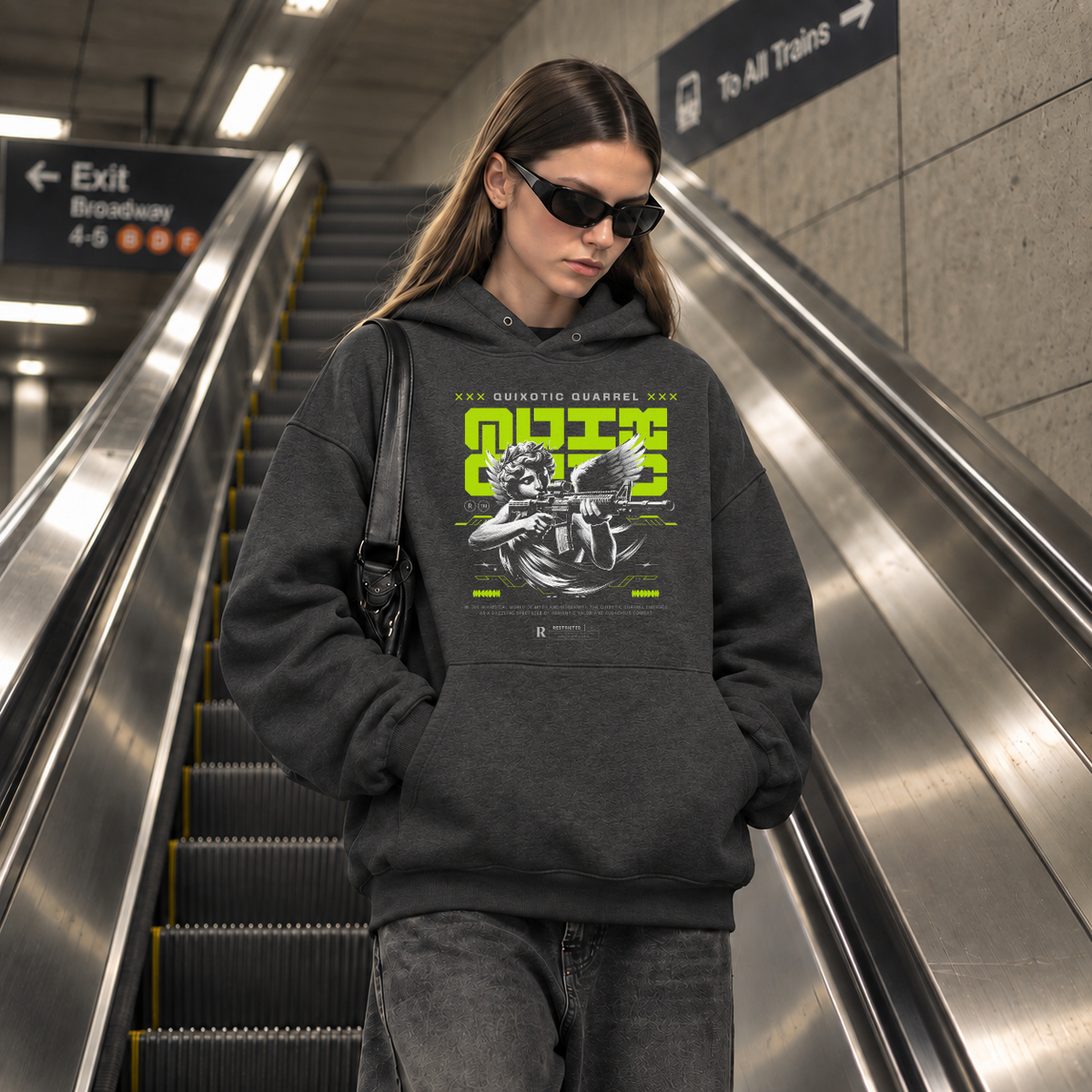 Quixotic Quarrel Cherub Gun Hoodie – Vintage Y2K / Acid Graphic Streetwear Hoodie - Color: dark heather