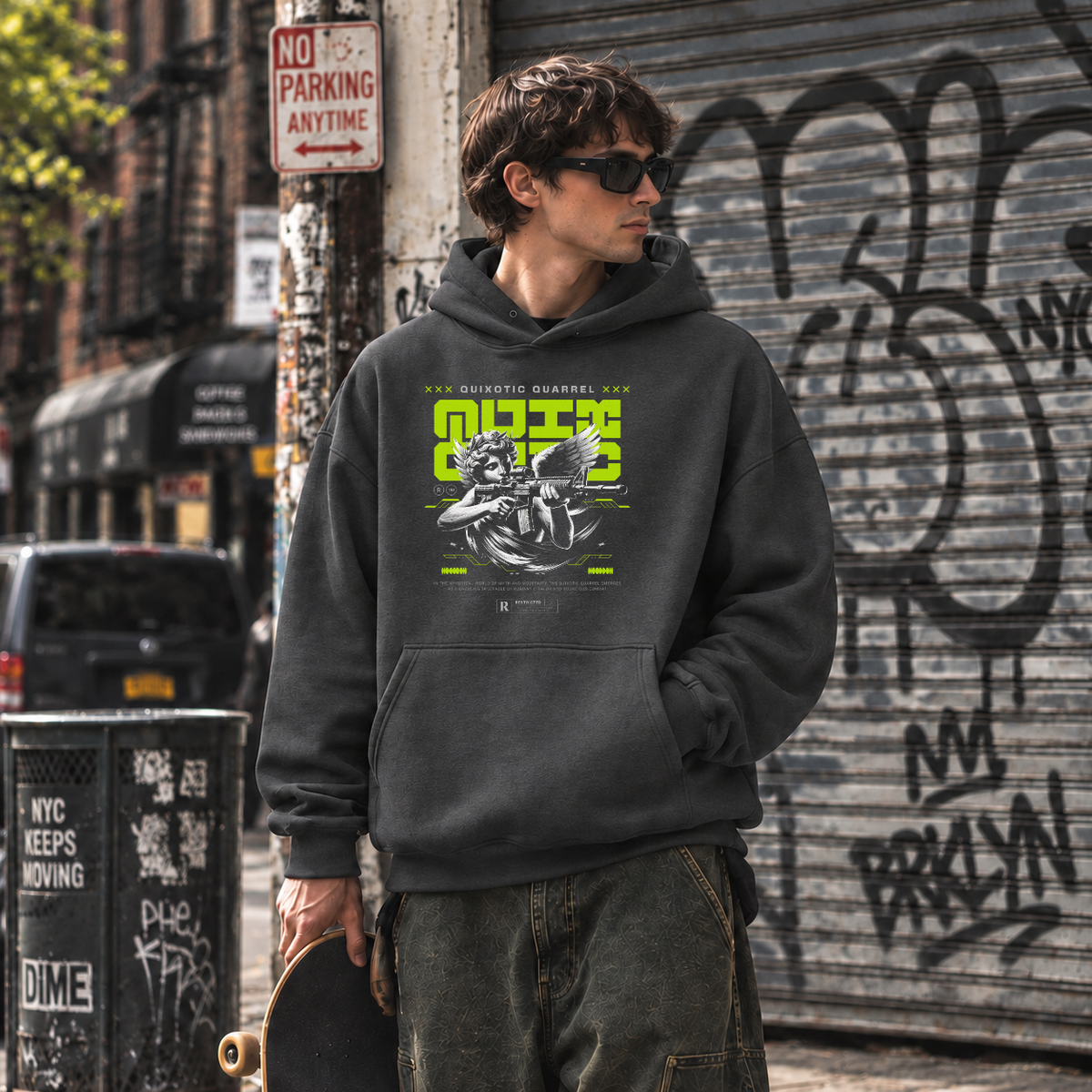 Quixotic Quarrel Cherub Gun Hoodie – Vintage Y2K / Acid Graphic Streetwear Hoodie - Color: dark heather