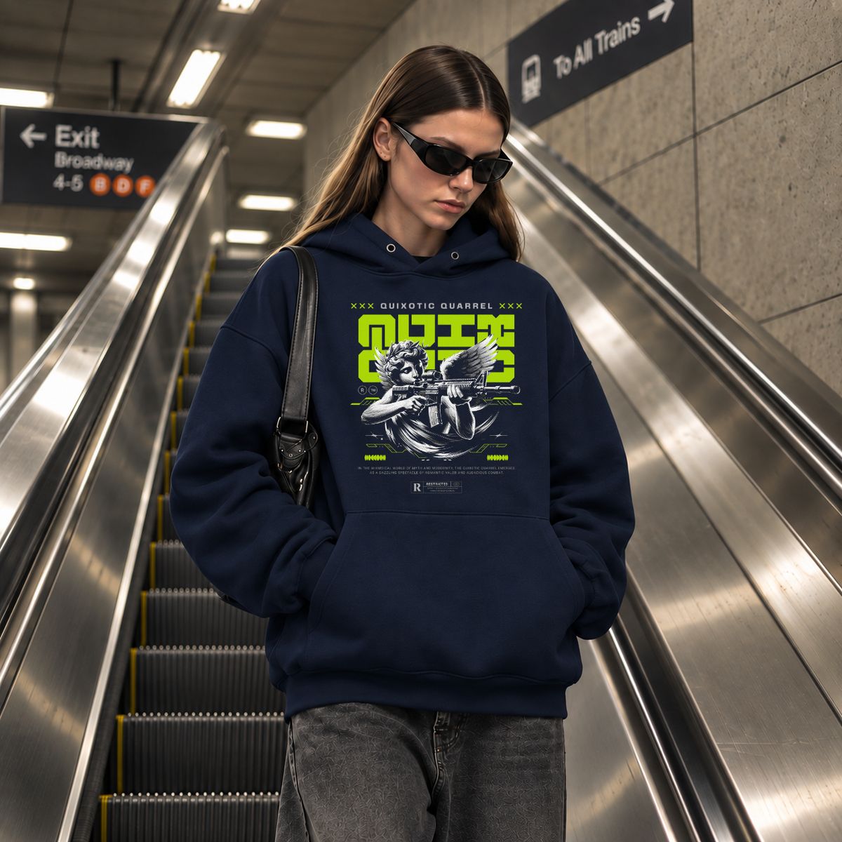 Quixotic Quarrel Cherub Gun Hoodie – Vintage Y2K / Acid Graphic Streetwear Hoodie - Color: navy