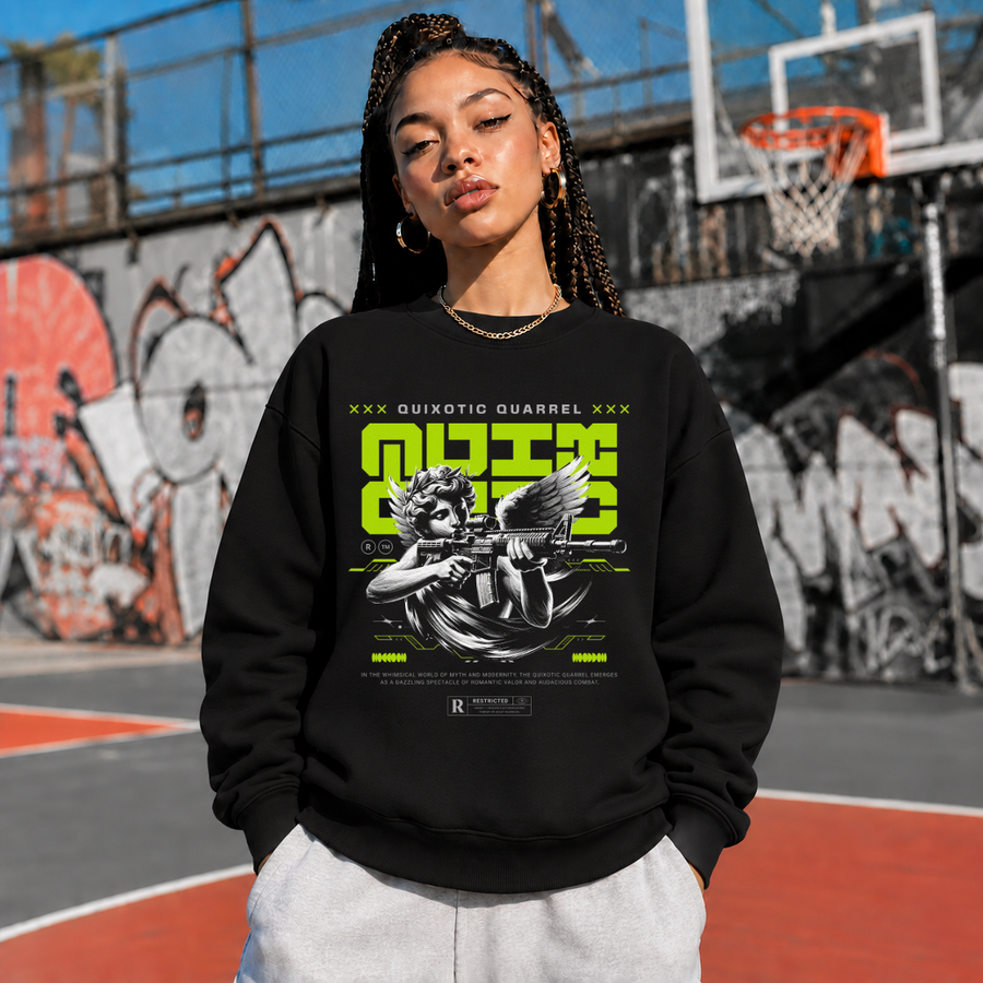Quixotic Quarrel Cherub Gun Sweatshirt – Vintage Y2K / Acid Graphic Streetwear Sweatshirt - Color: black