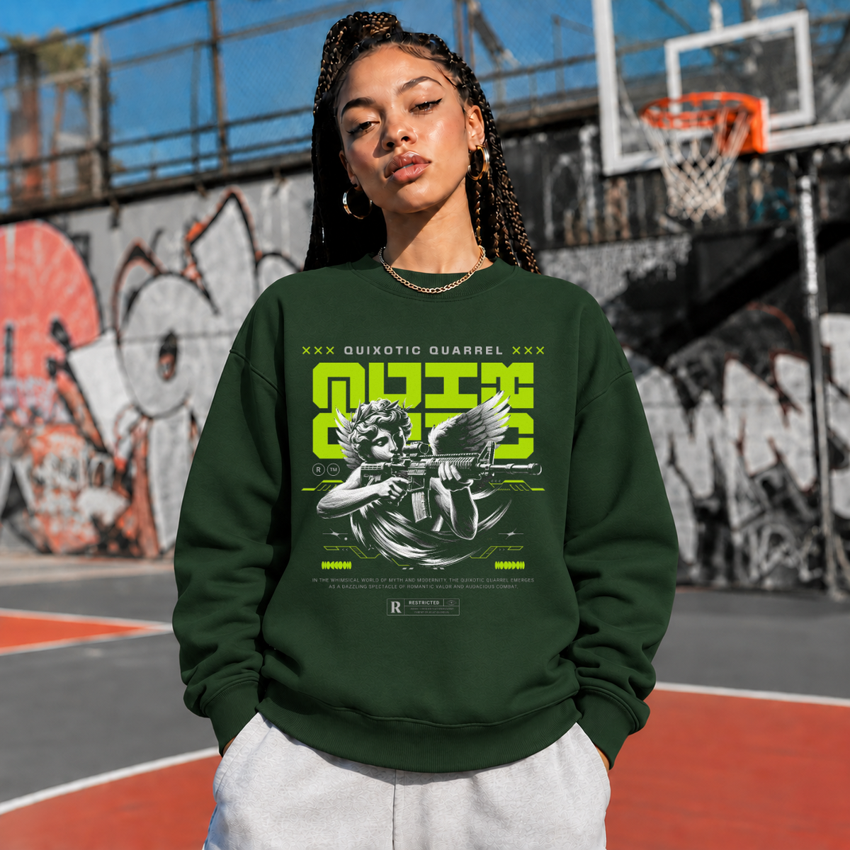 Quixotic Quarrel Cherub Gun T-Shirt – Vintage Y2K / Acid Graphic Streetwear Tee - Color: forest green