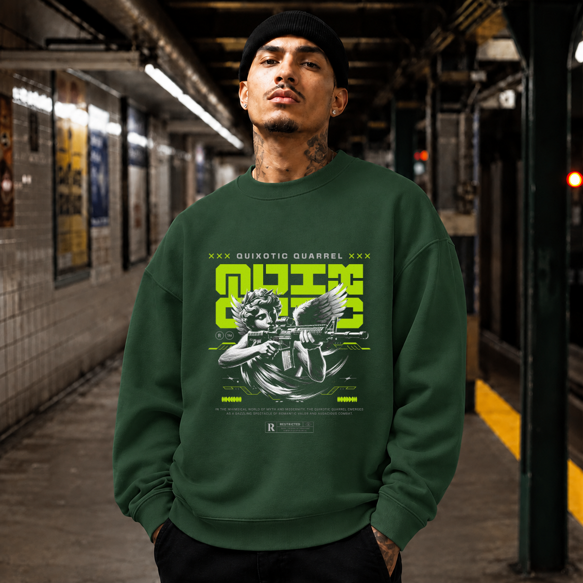 Quixotic Quarrel Cherub Gun T-Shirt – Vintage Y2K / Acid Graphic Streetwear Tee - Color: forest green
