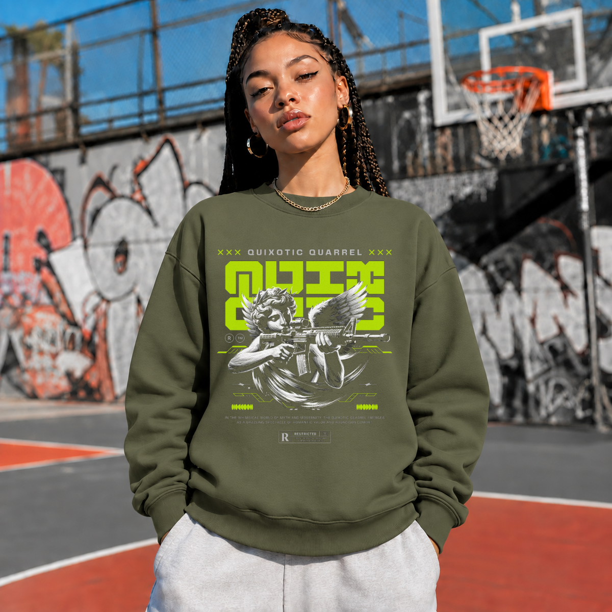 Quixotic Quarrel Cherub Gun T-Shirt – Vintage Y2K / Acid Graphic Streetwear Tee - Color: military green