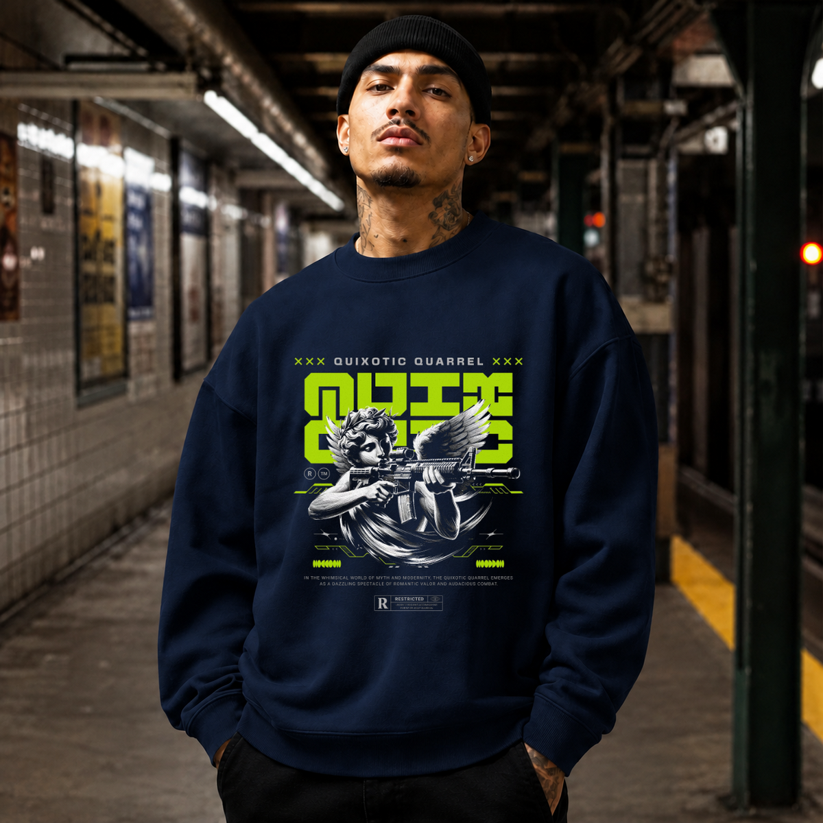 Quixotic Quarrel Cherub Gun T-Shirt – Vintage Y2K / Acid Graphic Streetwear Tee - Color: navy