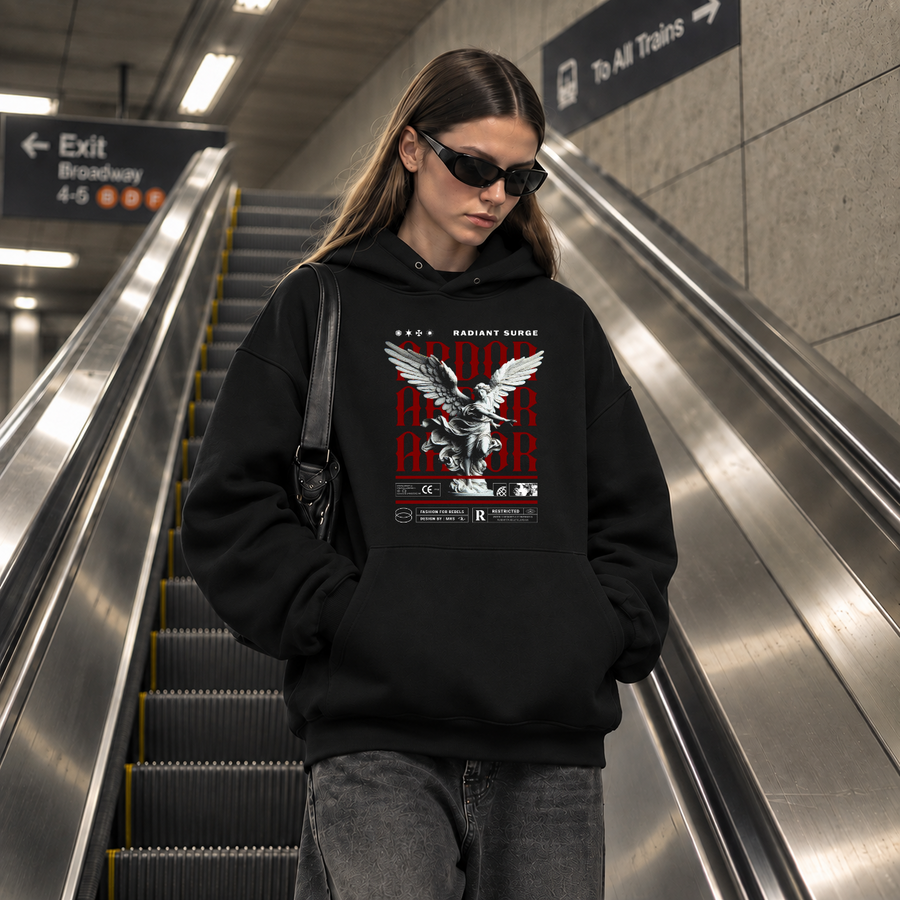 Radiant Surge Ardor Armor Angel Hoodie – Gothic Streetwear Poster Graphic Hoodie - Color: black