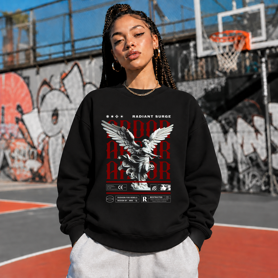 Radiant Surge Ardor Armor Angel Sweatshirt – Gothic Streetwear Poster Graphic Sweatshirt - Color: black