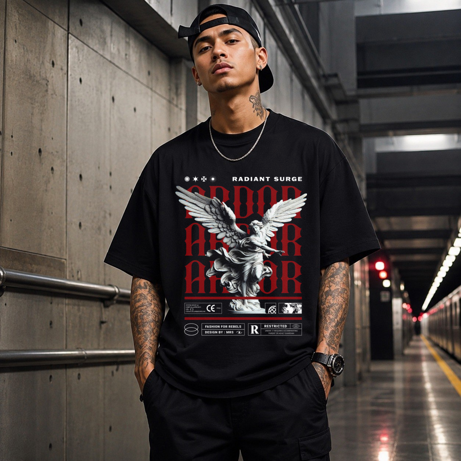 Radiant Surge Ardor Armor Angel T-Shirt – Gothic Streetwear Poster Graphic Tee - Color: Black