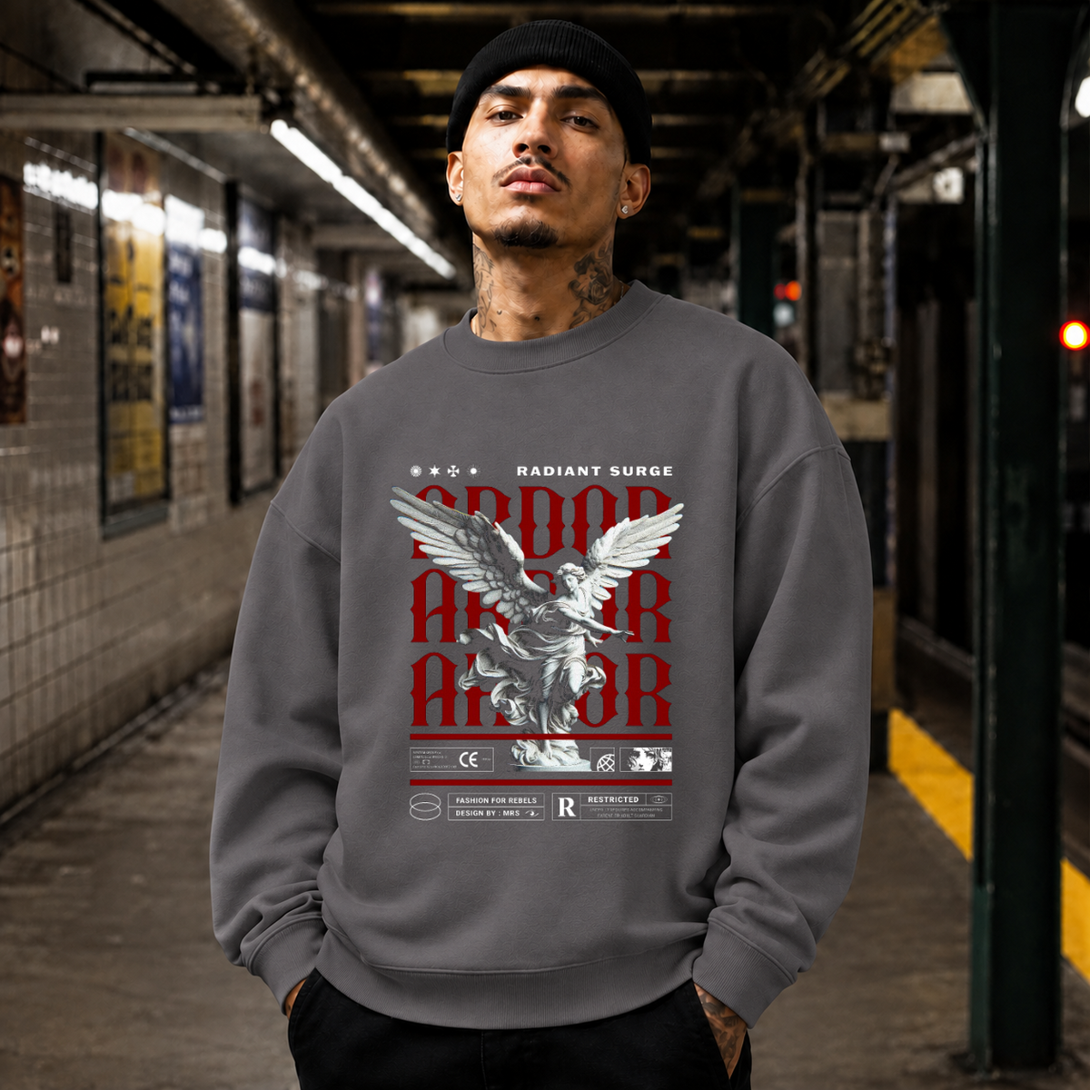Radiant Surge Ardor Armor Angel T-Shirt – Gothic Streetwear Poster Graphic Tee - Color: charcoal