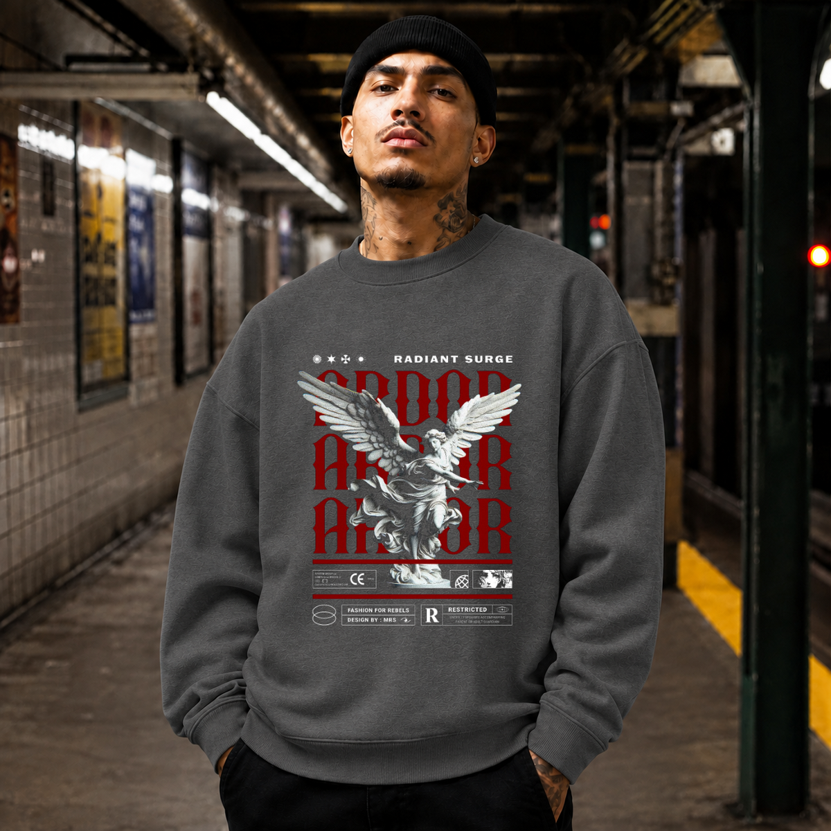 Radiant Surge Ardor Armor Angel T-Shirt – Gothic Streetwear Poster Graphic Tee - Color: dark heather
