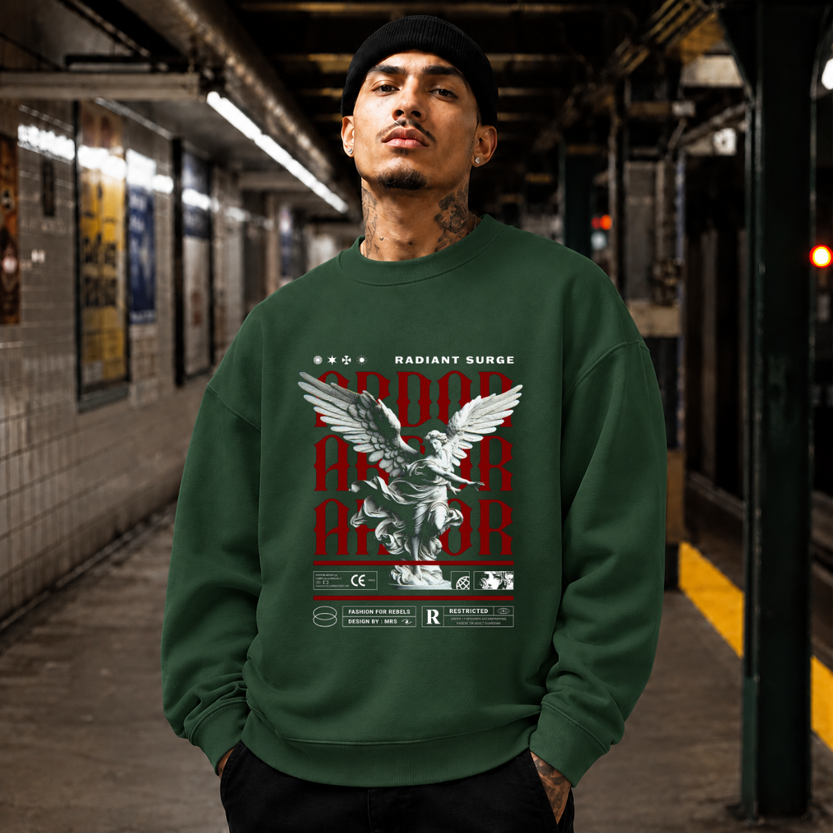 Radiant Surge Ardor Armor Angel T-Shirt – Gothic Streetwear Poster Graphic Tee - Color: forest green