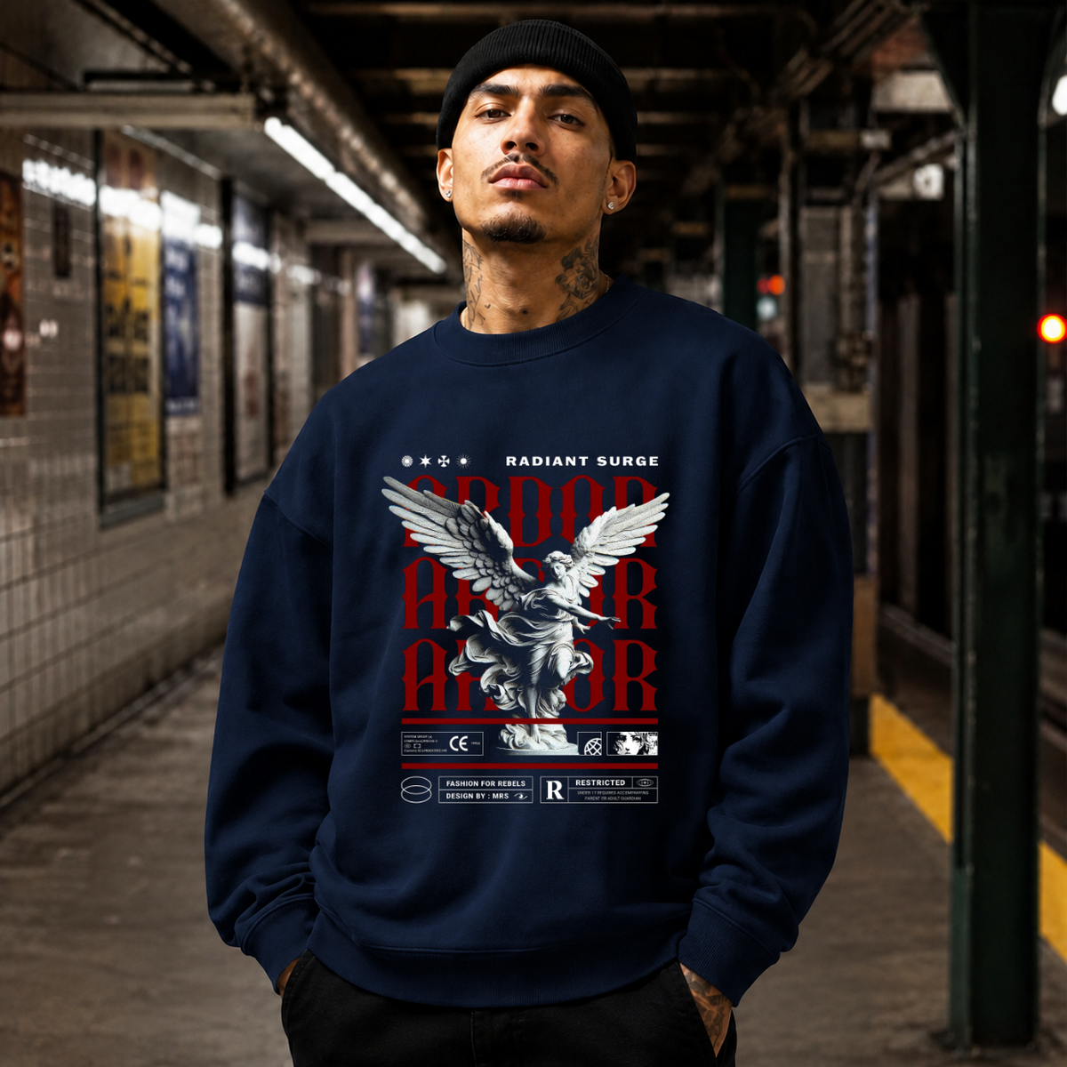 Radiant Surge Ardor Armor Angel T-Shirt – Gothic Streetwear Poster Graphic Tee - Color: navy
