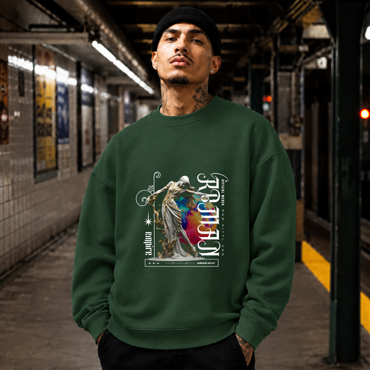 Rebirth Renaissance Statue Sweatshirt – Dark Art / Renaissance Aesthetic Graphic Sweatshirt - Color: forest green