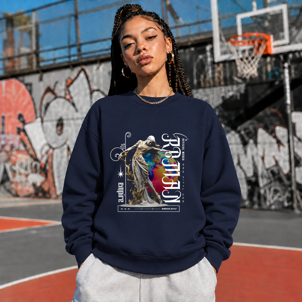 Rebirth Renaissance Statue Sweatshirt – Dark Art / Renaissance Aesthetic Graphic Sweatshirt - Color: navy