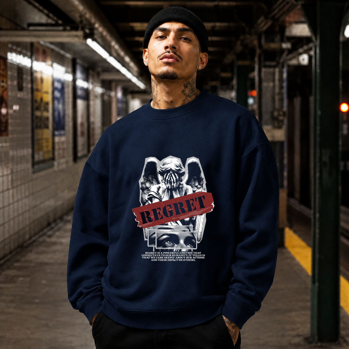 Regret Angel Skull Sweatshirt – Dark Editorial / Gothic Streetwear Sweatshirt - Color: navy