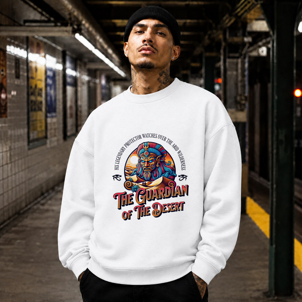 Retro Illustrative Guardian of the Desert T-Shirt – Gothic Streetwear Poster Graphic Tee - Color: ash