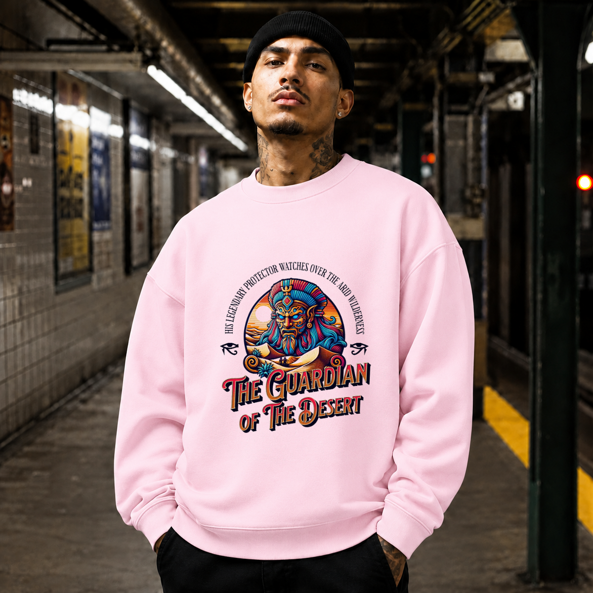 Retro Illustrative Guardian of the Desert T-Shirt – Gothic Streetwear Poster Graphic Tee - Color: light pink