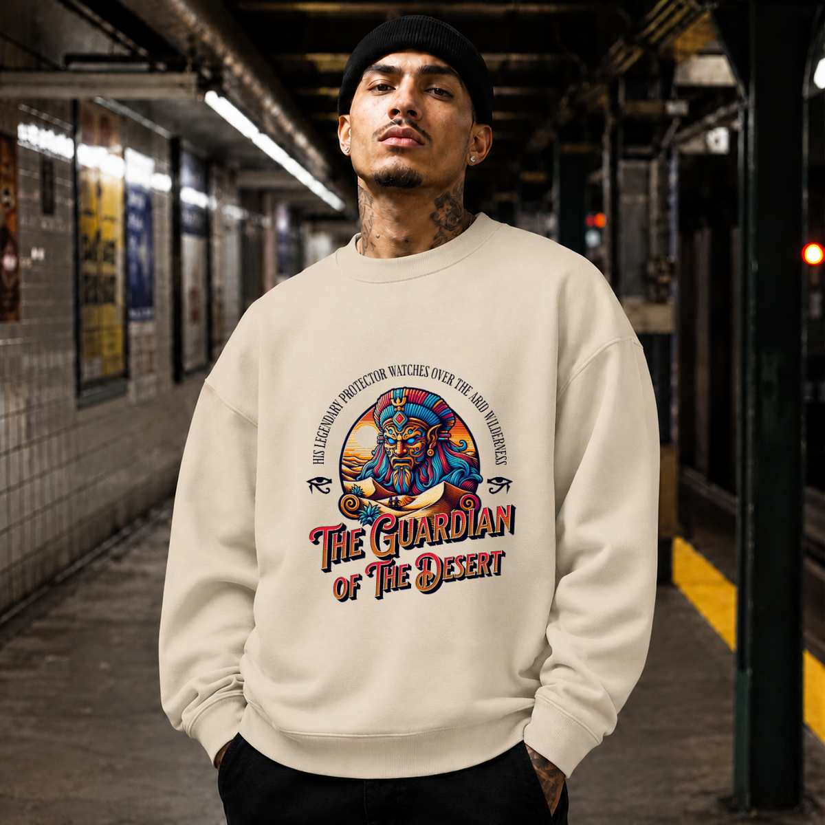 Retro Illustrative Guardian of the Desert T-Shirt – Gothic Streetwear Poster Graphic Tee - Color: sand