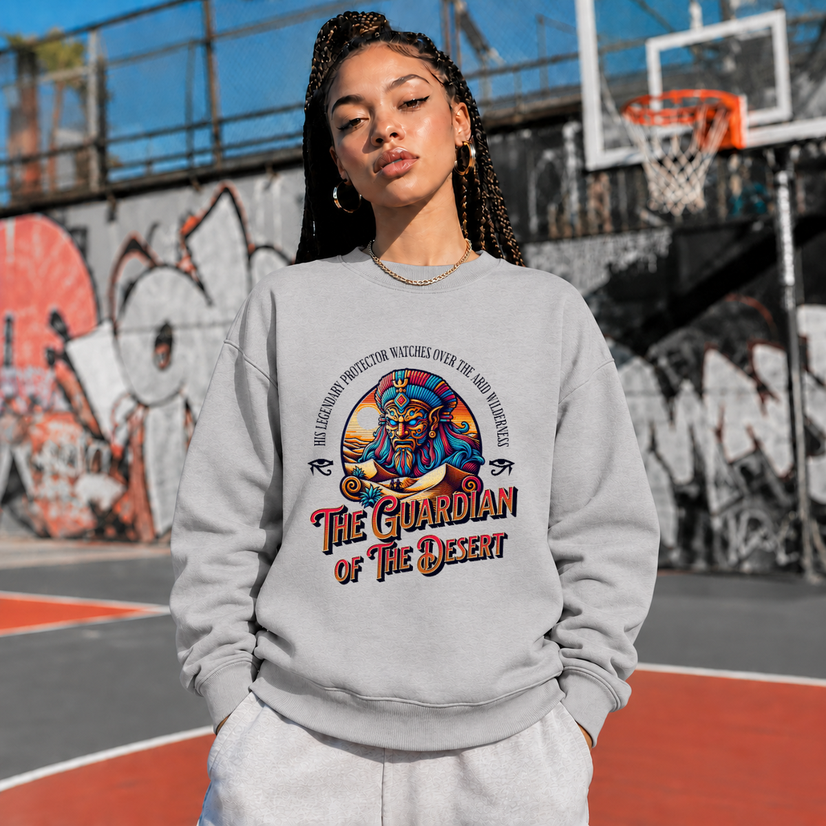 Retro Illustrative Guardian of the Desert T-Shirt – Gothic Streetwear Poster Graphic Tee - Color: sport grey