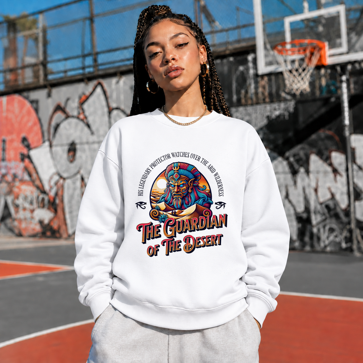 Retro Illustrative Guardian of the Desert T-Shirt – Gothic Streetwear Poster Graphic Tee - Color: white