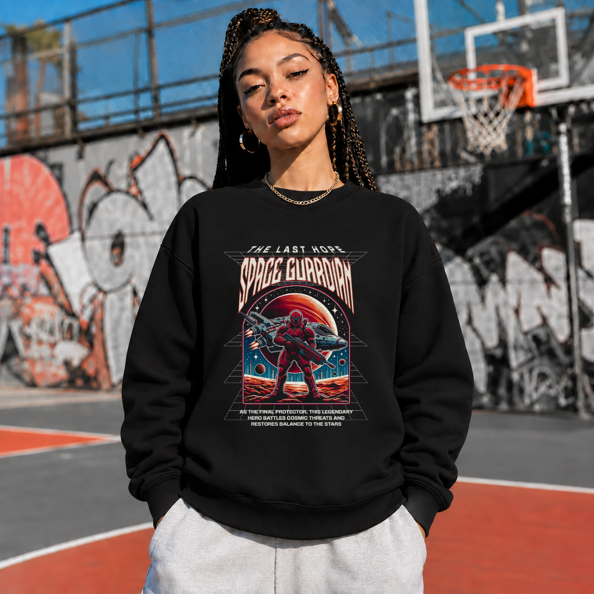 Retro Illustrative Space Guardian Astronaut T-Shirt – Vintage Y2K / Acid Graphic Streetwear Tee - Color: black