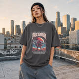 Retro Illustrative Space Guardian Astronaut T-Shirt – Vintage Y2K / Acid Graphic Streetwear Tee - Color: Charcoal
