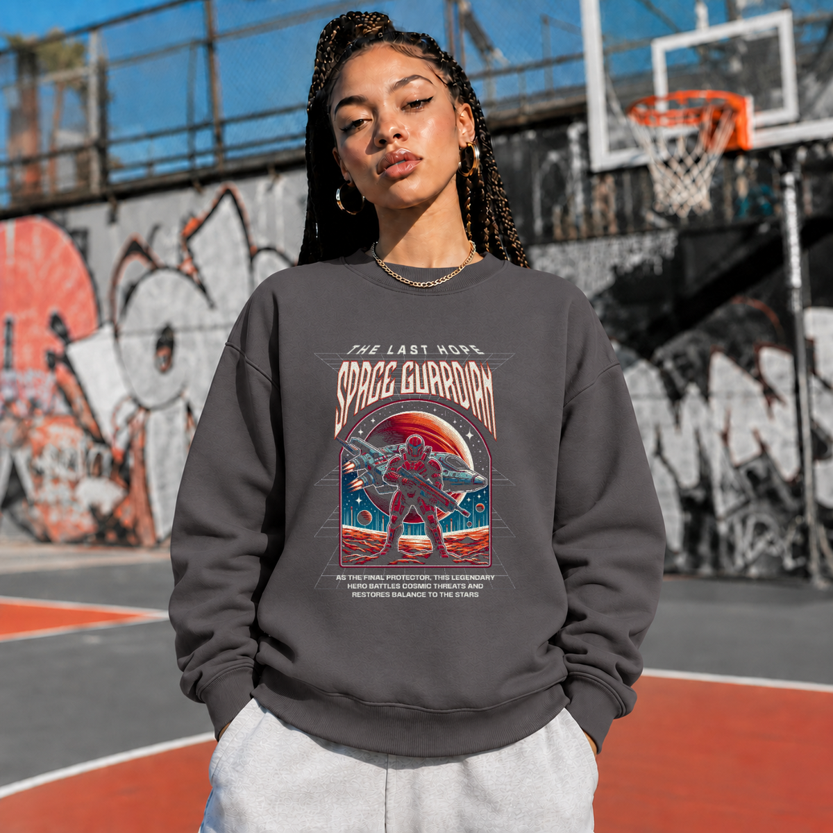 Retro Illustrative Space Guardian Astronaut T-Shirt – Vintage Y2K / Acid Graphic Streetwear Tee - Color: charcoal