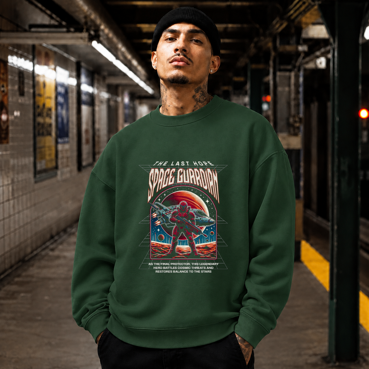 Retro Illustrative Space Guardian Astronaut T-Shirt – Vintage Y2K / Acid Graphic Streetwear Tee - Color: forest green