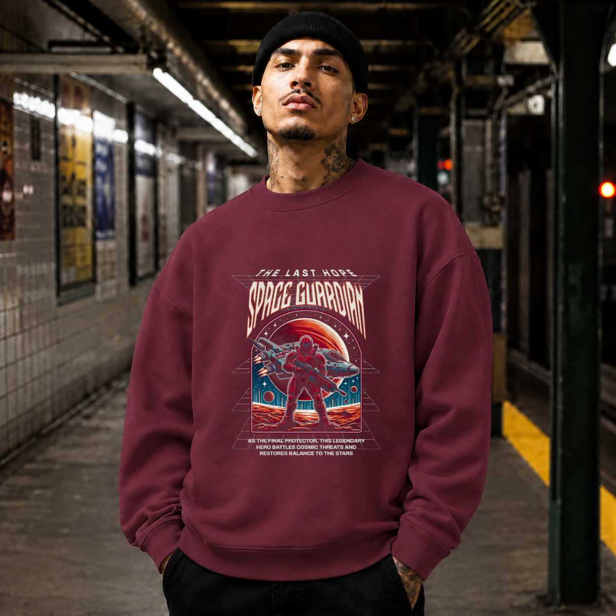 Retro Illustrative Space Guardian Astronaut T-Shirt – Vintage Y2K / Acid Graphic Streetwear Tee - Color: maroon