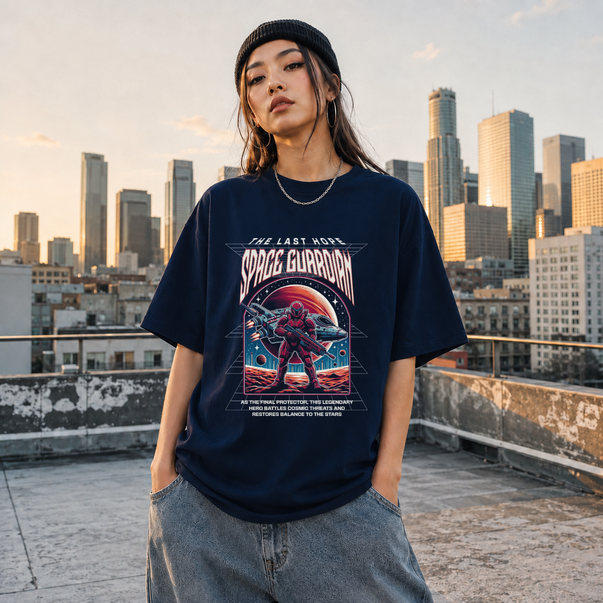 Retro Illustrative Space Guardian Astronaut T-Shirt – Vintage Y2K / Acid Graphic Streetwear Tee - Color: Navy