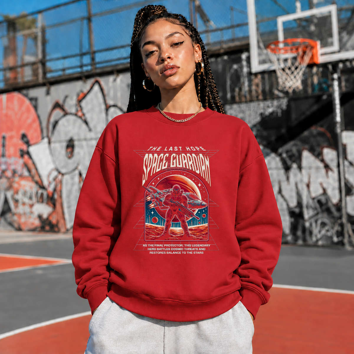 Retro Illustrative Space Guardian Astronaut T-Shirt – Vintage Y2K / Acid Graphic Streetwear Tee - Color: red