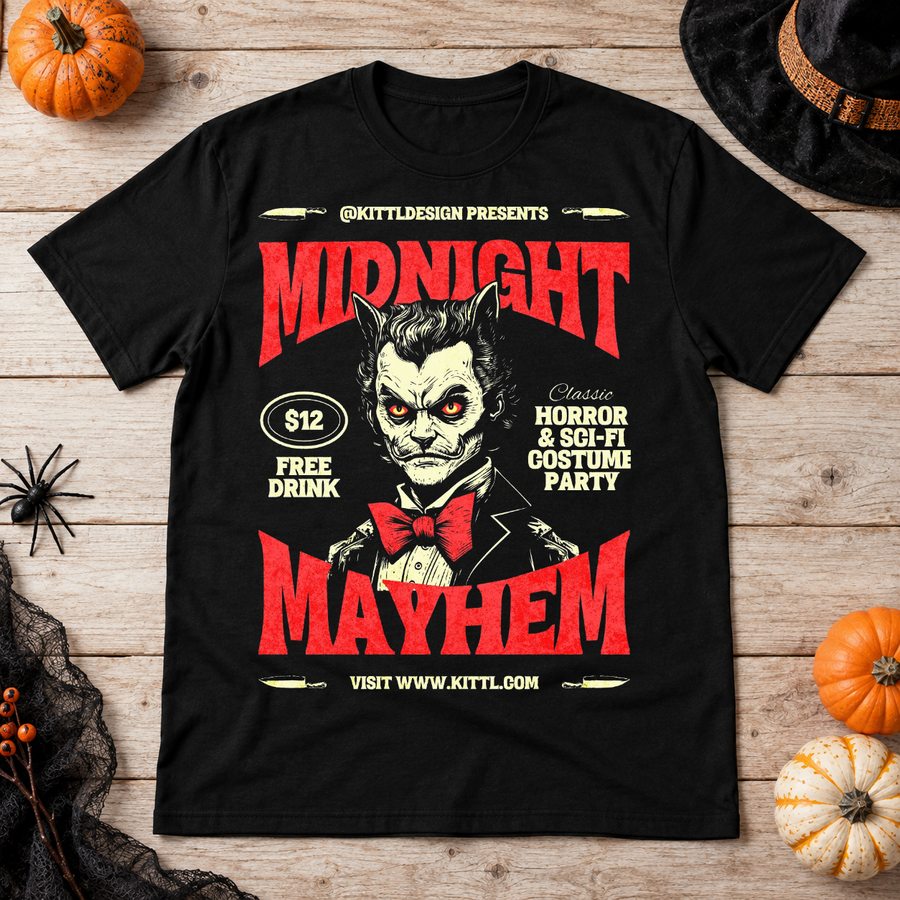 Retro Midnight Mayhem Halloween Costume Party T-Shirt – Halloween Streetwear Graphic Graphic Tee - Color: black